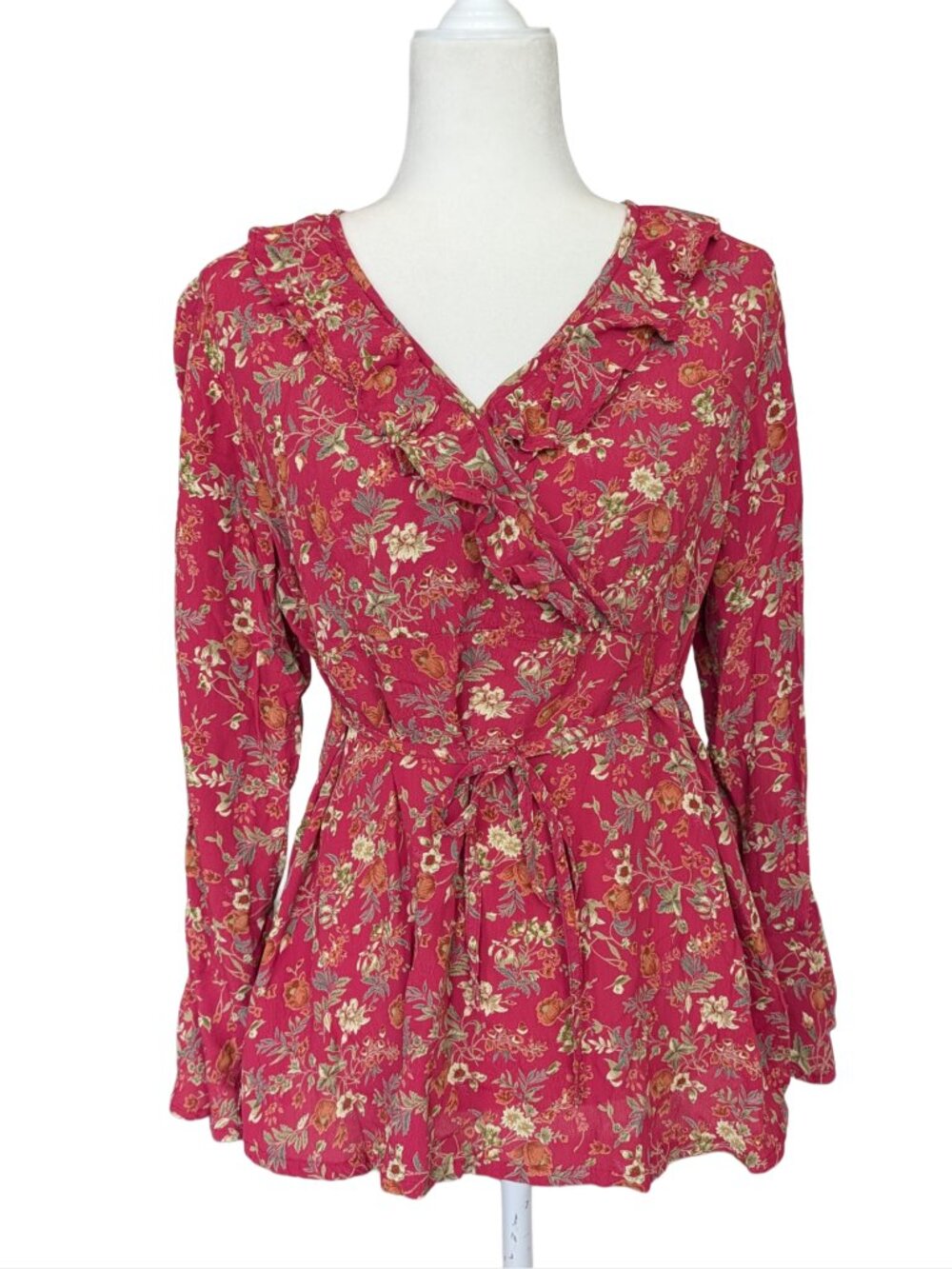 Oh!Mamma Womens Maternity Red Floral Ruffle Waist Tie Pullover Top Size Medium